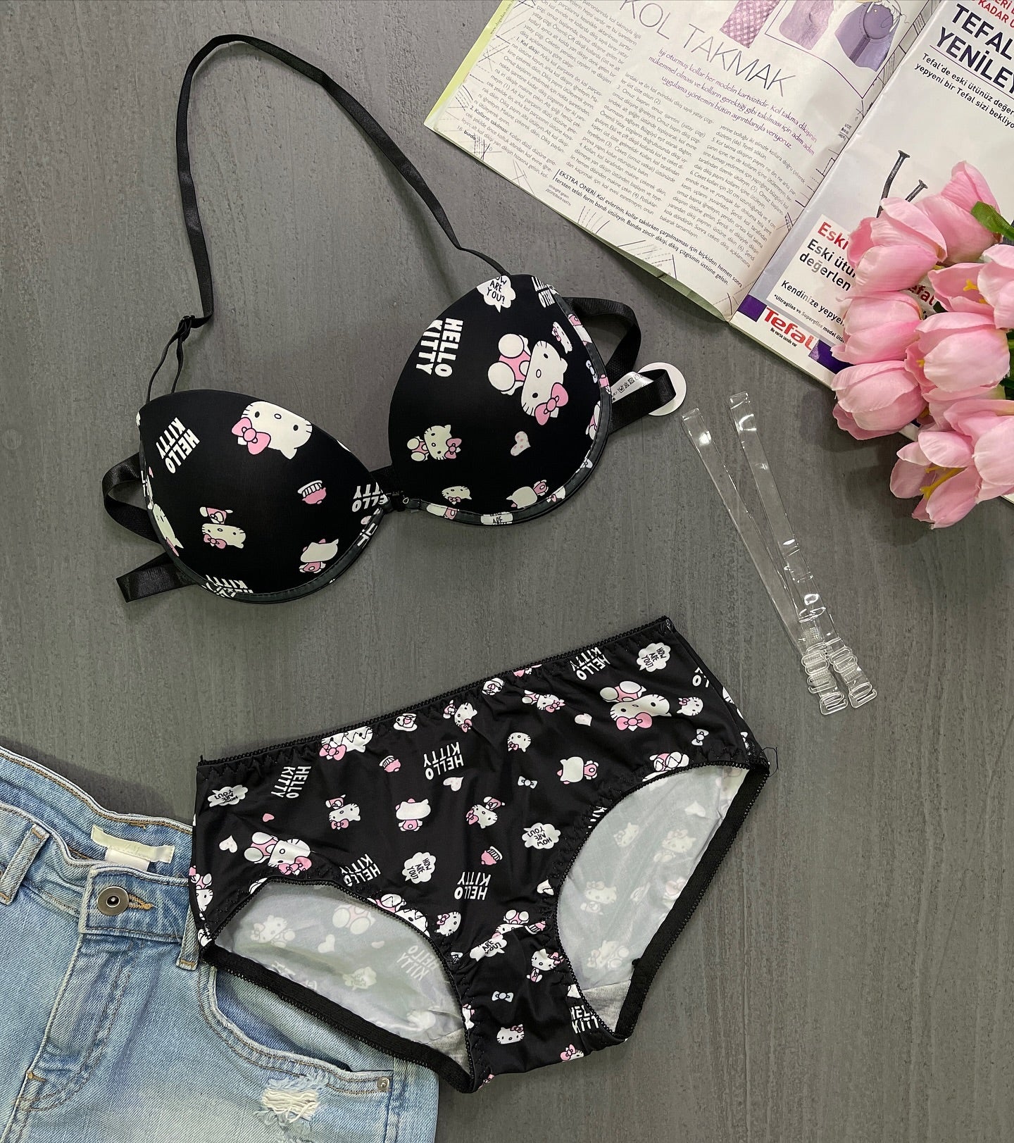 Flourish High Quality Front Open 4 In 1  Push-up Hello Kitty Print Adjustable Straps Bra Panty Set