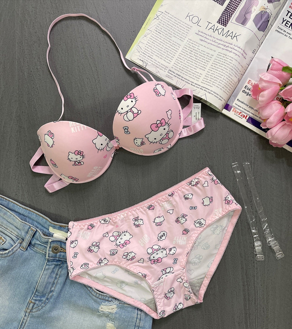 Flourish High Quality Front Open 4 In 1  Push-up Hello Kitty Print Adjustable Straps Bra Panty Set
