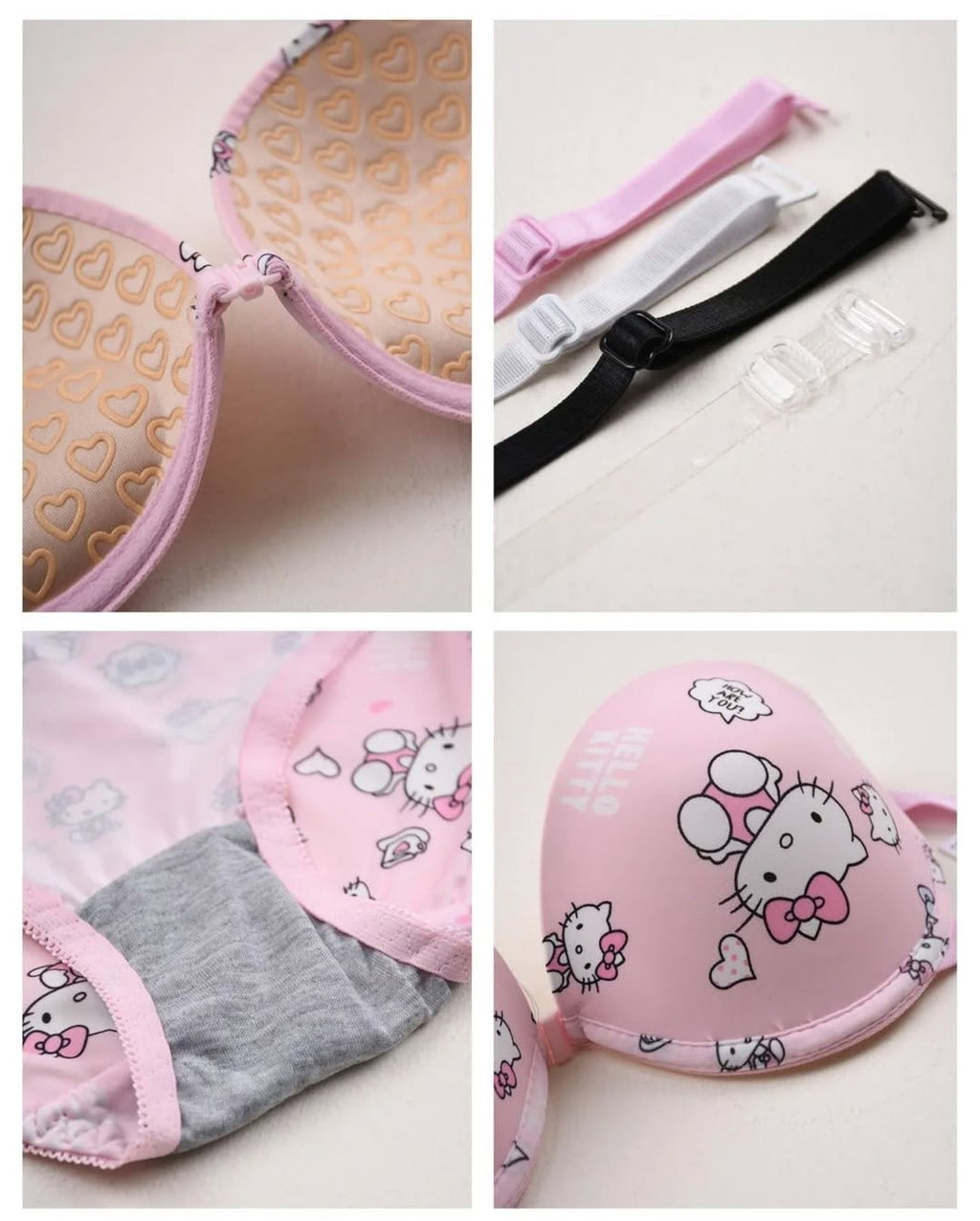 Flourish High Quality Front Open 4 In 1  Push-up Hello Kitty Print Adjustable Straps Bra Panty Set